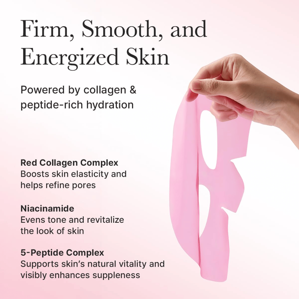 Avantages de Arencia Red Collagen Jello Mask – enrichi en collagène rouge, niacinamide et peptides qui renforcent l'élasticité, unifient le teint et donnent de l'énergie à la peau.