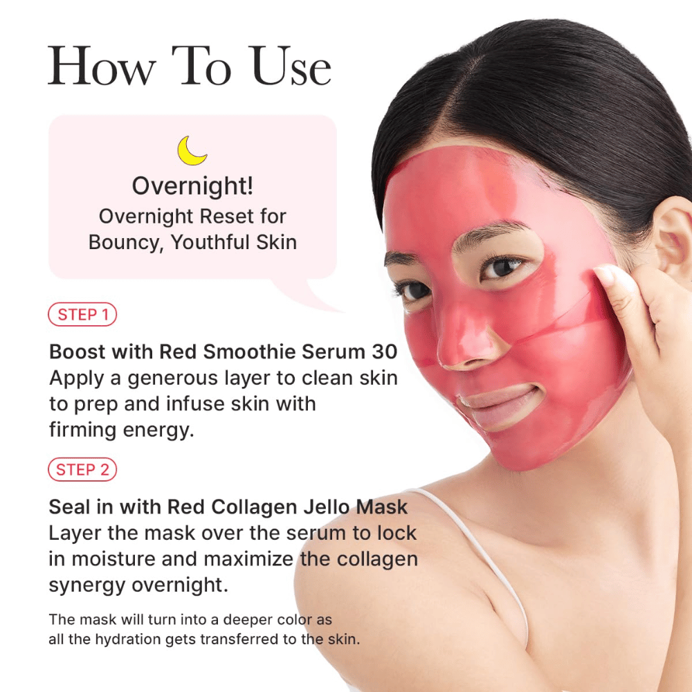 Guide d'utilisation pour Arencia Red Collagen Jello Mask comme masque de nuit – à appliquer après le sérum pour donner fermeté, hydratation profonde et peau jeune pendant la nuit.