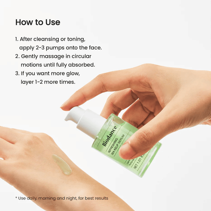 Biodance Refreshing Sea Kelp Serum appliqué sur la main – sérum apaisant et régulateur de sébum avec algues marines.