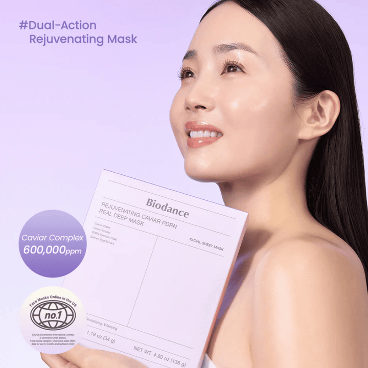 Image du produit de Biodance Rejuvenating Caviar PDRN Real Deep Mask – emballage violet sheet mask avec caviar, PDRN et formule hydratante