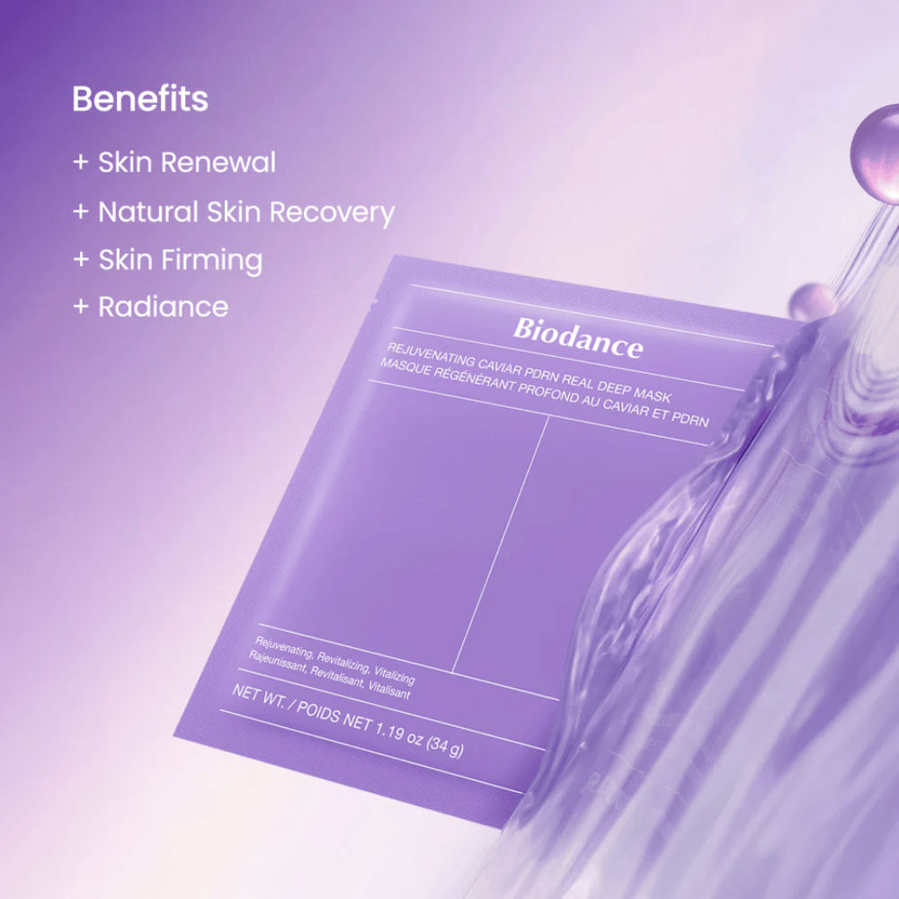 Biodance Rejuvenating Caviar PDRN Real Deep Mask sur modèle avec éclat naturel et glow visible après utilisation