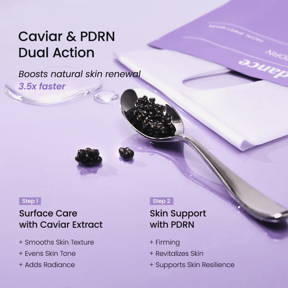 Caviar et ingrédients PDRN dans Biodance Rejuvenating Caviar PDRN Real Deep Mask qui renforcent le renouvellement de la peau et donnent une peau plus ferme