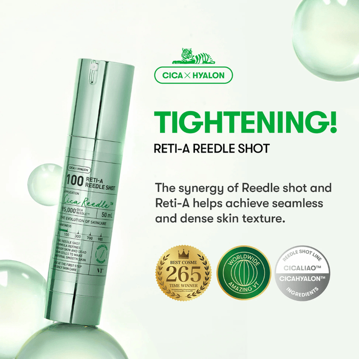 Image du produit VT Reti-A Reedle Shot 100 avec un accent sur l'effet raffermissant, Cica et Hyalon qui donnent une peau plus uniforme, plus dense et plus élastique.