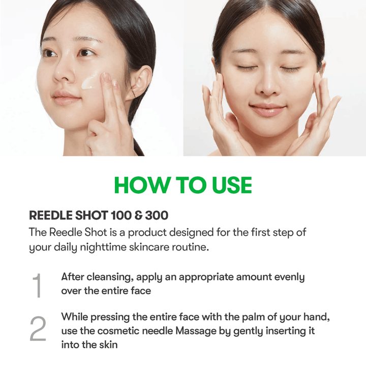 Image d'instructions montrant comment appliquer le VT Reti-A Reedle Shot sur le visage, première étape de la routine du soir pour améliorer la structure de la peau et l'absorption efficace.