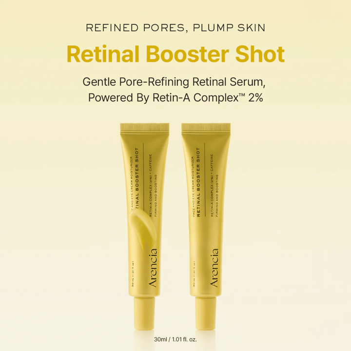 Présentation du produit de Arencia Retinal Booster Shot 2 %, sérum rétinal doux pour des pores affinés, une peau repulpée et une texture de peau plus uniforme.
