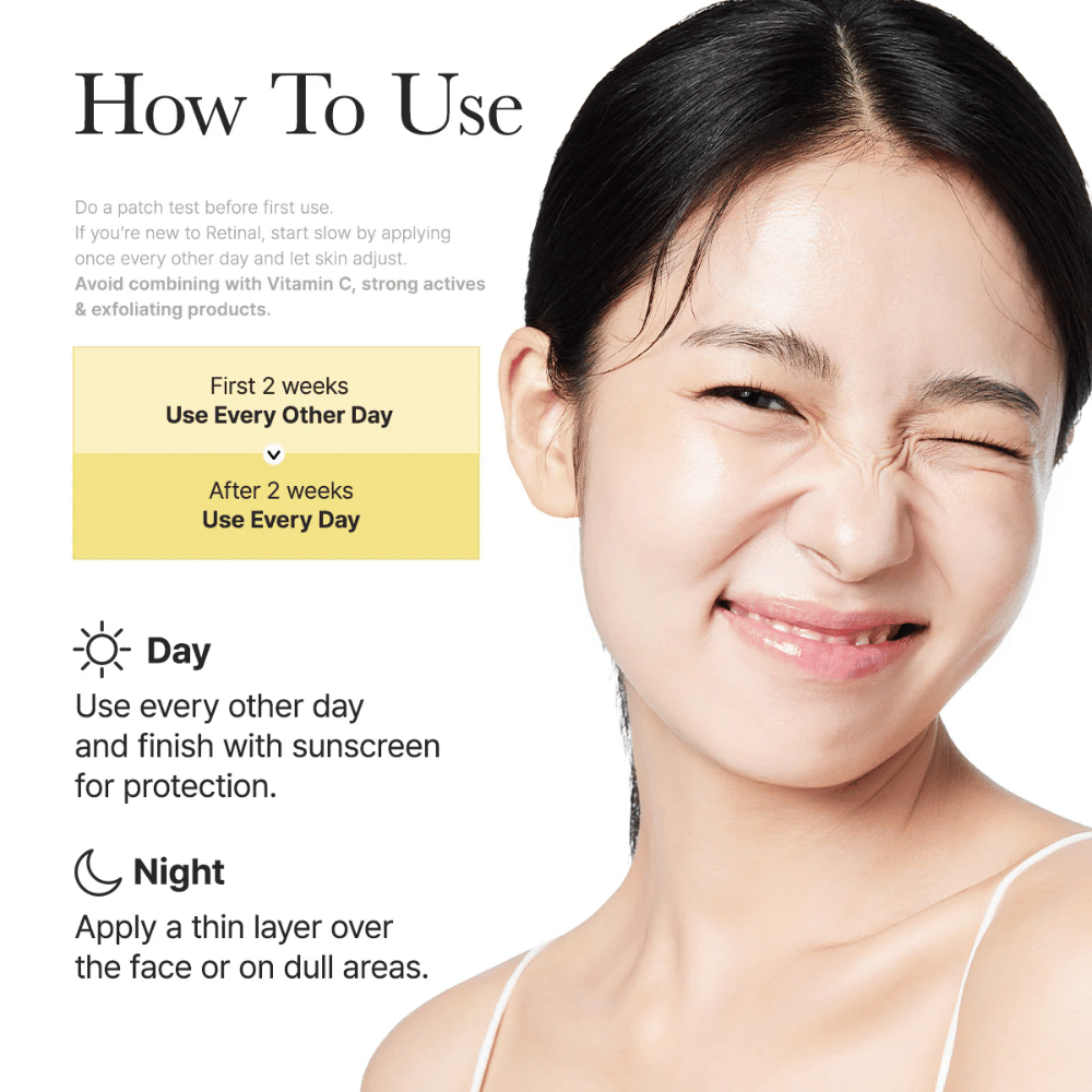 Image d'instructions pour Arencia Retinal Booster Shot avec utilisation recommandée tous les deux jours pendant les deux premières semaines, puis quotidiennement, routine de jour et de nuit pour le rétinal.