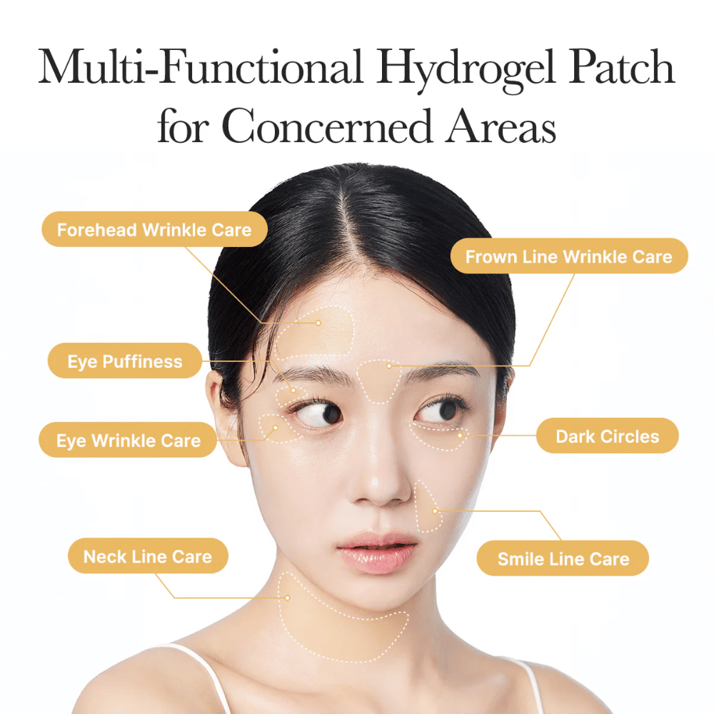 Image informative montrant comment les patchs hydrogel peuvent être utilisés sur plusieurs zones du visage, par exemple sous les yeux, sur le front, entre les sourcils, autour de la bouche et sur le cou, afin d’aider à réduire les ridules, les cernes et les gonflements.
