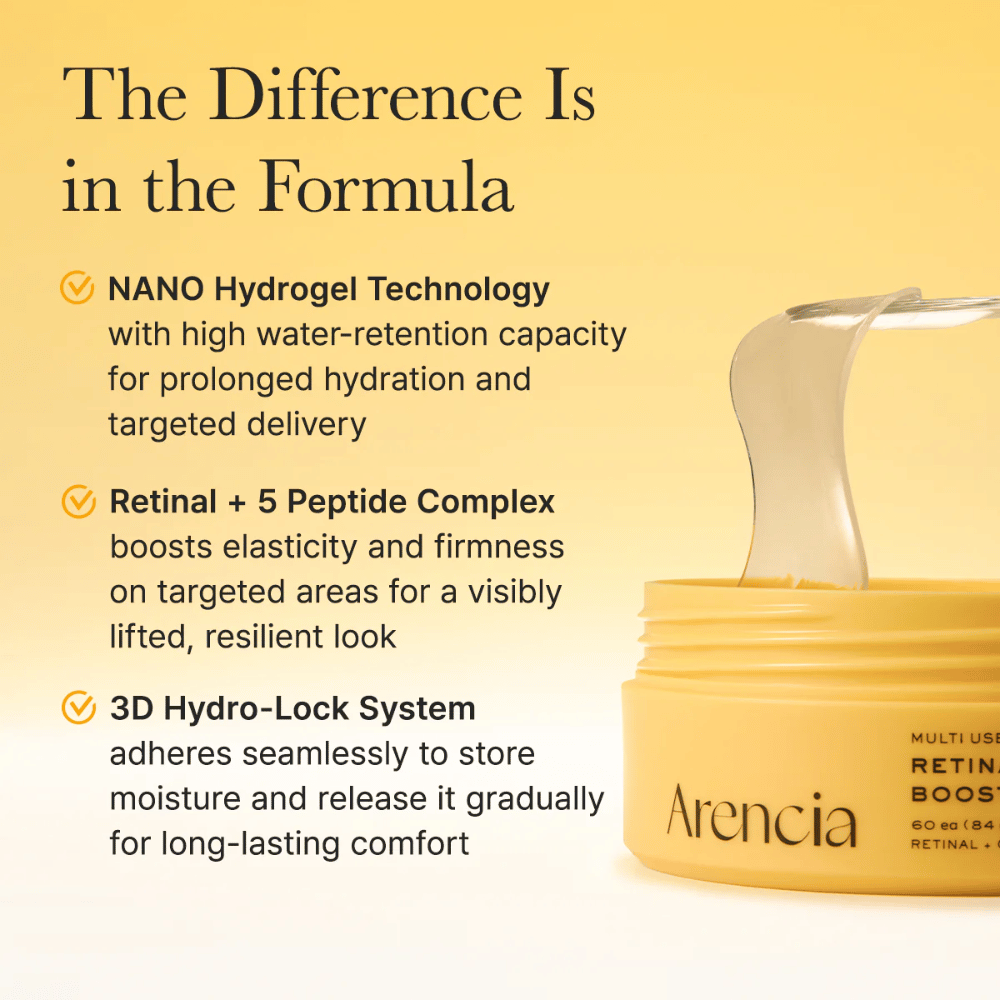 Image produit de Arencia Retinal Boosting Eye Mask avec pot ouvert et patchs hydrogel. L’accent est mis sur une peau repulpée, une texture de peau améliorée et des ingrédients nourrissants comme le rétinal et le collagène.