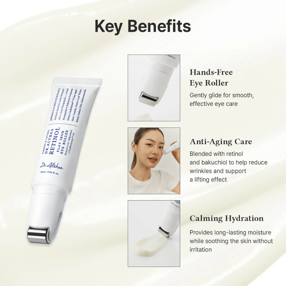 Dr. Althea Retinol Flat Iron Eye Roller avec rouleau en métal pour effet rafraîchissant, propriétés anti-âge et hydratation durable sans irritation.