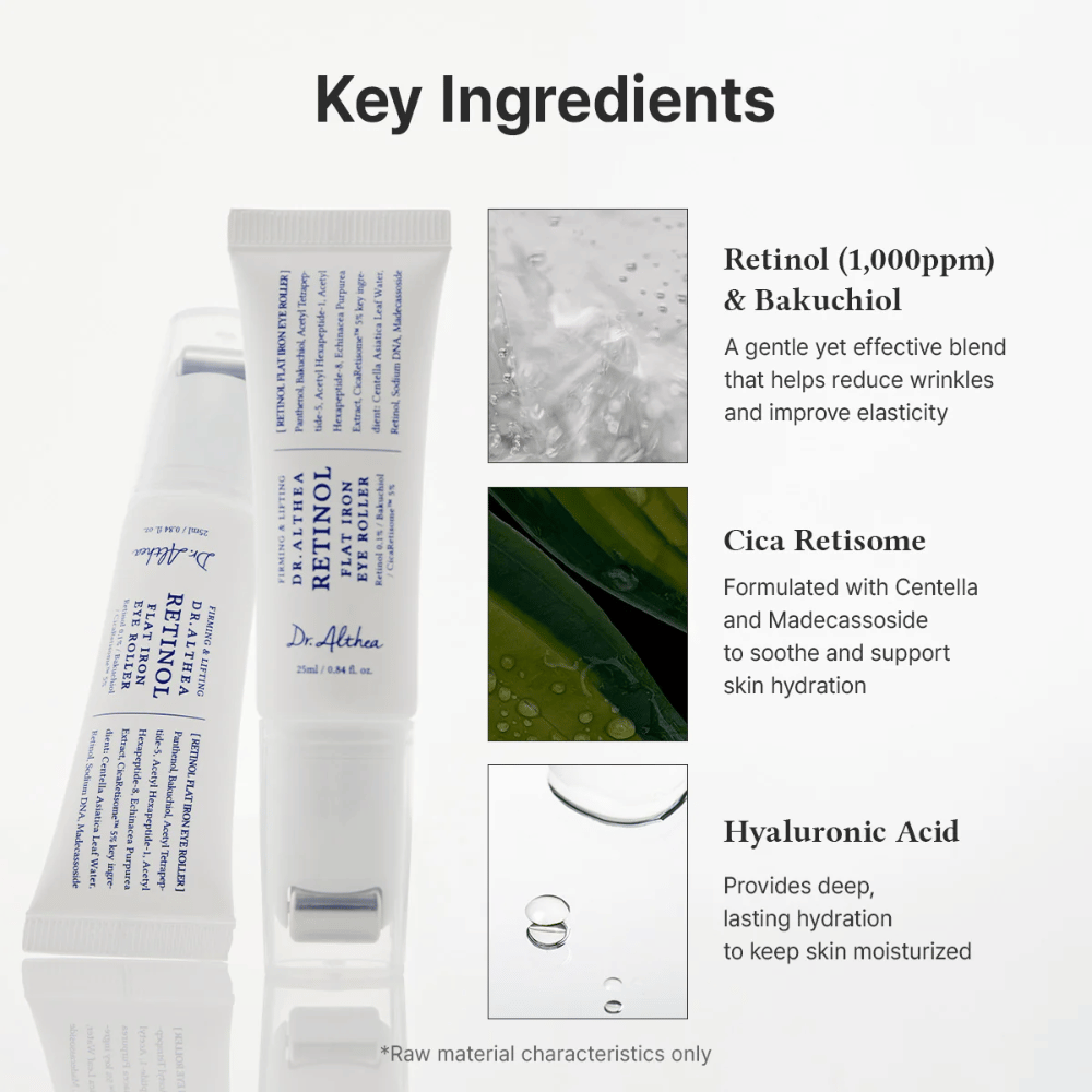 Dr. Althea Retinol Flat Iron Eye Roller avec rétinol, bakuchiol, cica et acide hyaluronique qui hydrate, apaise et réduit les rides.
