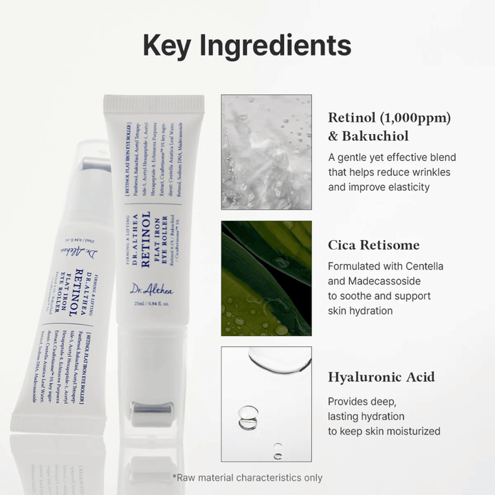 Dr. Althea Retinol Flat Iron Eye Roller avec rétinol, bakuchiol, cica et acide hyaluronique qui hydrate, apaise et réduit les rides.