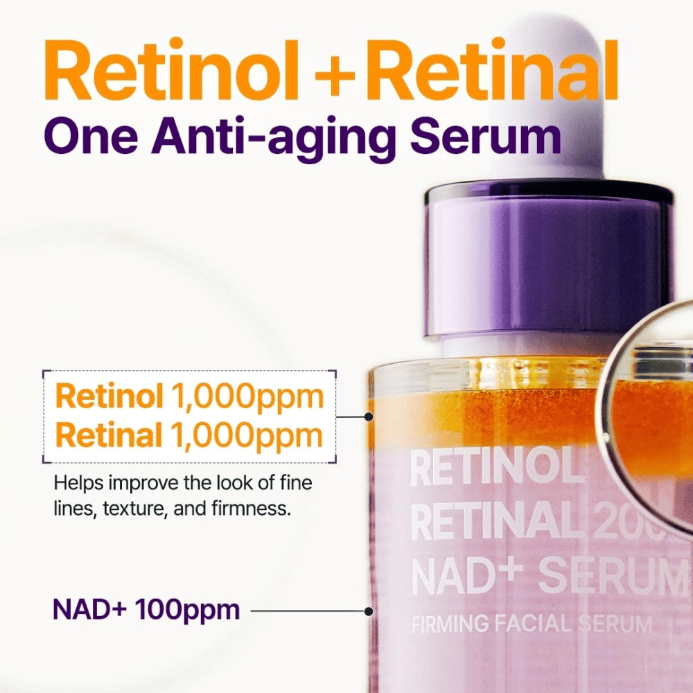 PURITO SEOUL Retinol Retinal 2000 NAD+ Serum avec 1000 ppm de rétinol, 1000 ppm de rétinal et 100 ppm de NAD+ pour les ridules, la texture et la fermeté.