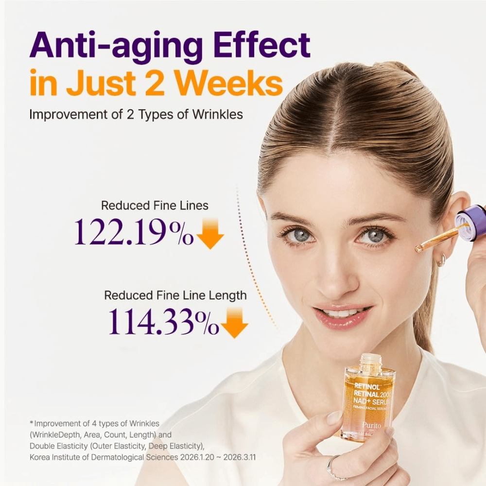 PURITO SEOUL Retinol Retinal 2000 NAD+ Serum – sérum anti-âge coréen développé pour réduire la visibilité des ridules et des rides.