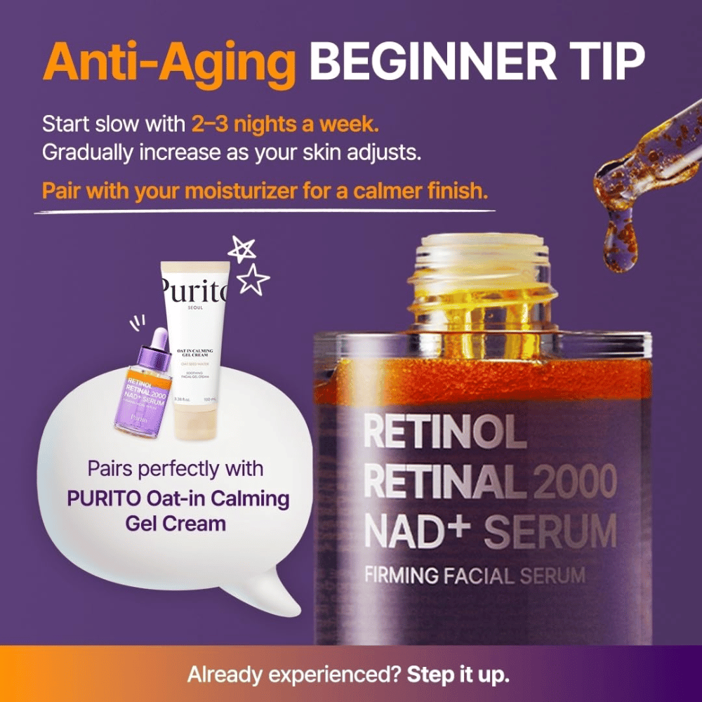 PURITO SEOUL Retinol Retinal 2000 NAD+ Serum – commencez à utiliser le sérum 2 à 3 soirs par semaine et associez-le de préférence à une crème hydratante.