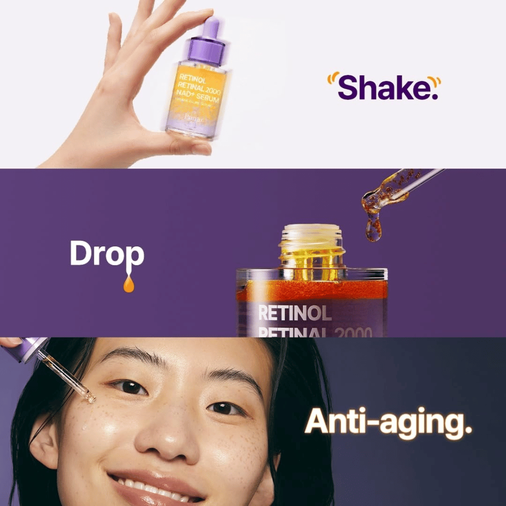 PURITO SEOUL Retinol Retinal 2000 NAD+ Serum – sérum anti-âge au rétinol et au rétinal qui s’applique avec une pipette pour une peau plus ferme et plus uniforme.