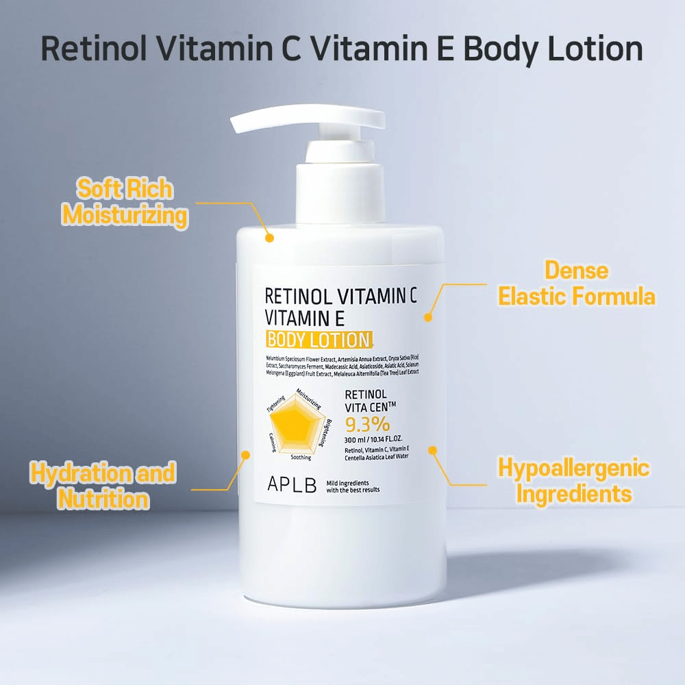 Image produit où le flacon est placé au centre avec des repères graphiques autour. Ceux-ci indiquent des propriétés telles que l’hydratation, la nutrition, la texture douce, la formule élastique et les ingrédients hypoallergéniques.