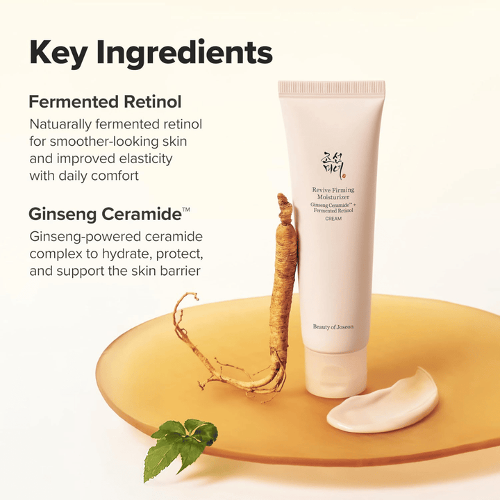 Image – ingrédients (SEO + EEAT)
Beauty of Joseon Revive Firming Moisturizer avec des céramides de ginseng et du rétinol fermenté qui renforcent la barrière cutanée et améliorent l’élasticité de la peau.