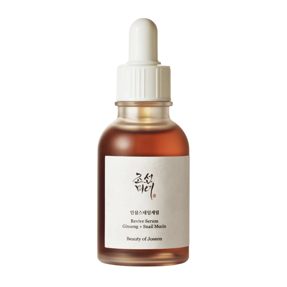 Image du produit Beauty of Joseon Revive Serum Ginseng + Snail Mucin dans une bouteille en verre brun – sérum anti-âge pour une peau plus ferme.