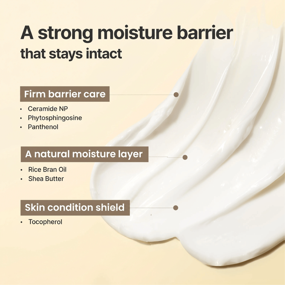 Texture crème de I'm From Rice Cream avec des céramides, du panthénol et du beurre de karité qui renforcent la barrière cutanée