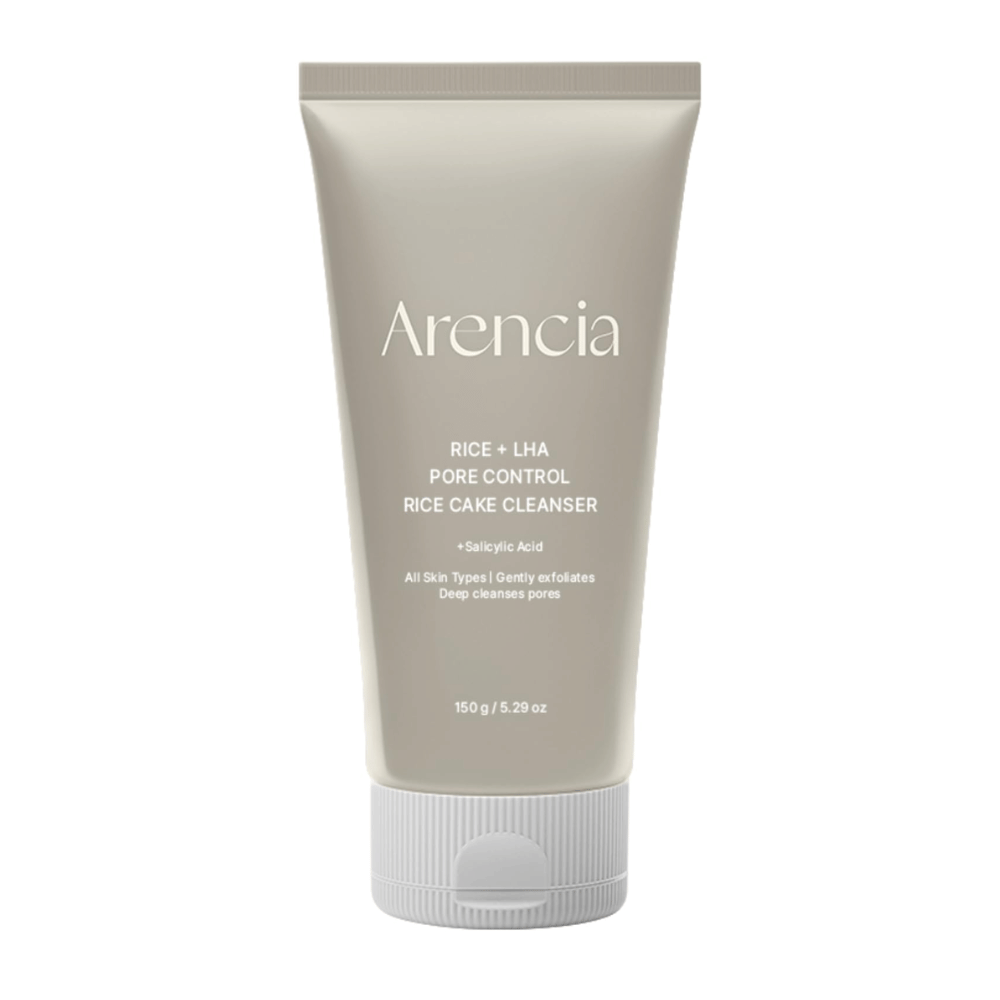 Arencia Rice + LHA Pore Control Rice Cake Cleanser en plein écran sur fond blanc, nettoyant pour le visage coréen avec du riz et du LHA pour une exfoliation douce et une peau équilibrée.