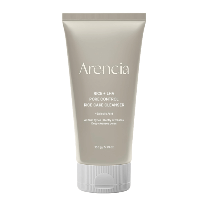Arencia Rice + LHA Pore Control Rice Cake Cleanser en plein écran sur fond blanc, nettoyant pour le visage coréen avec du riz et du LHA pour une exfoliation douce et une peau équilibrée.