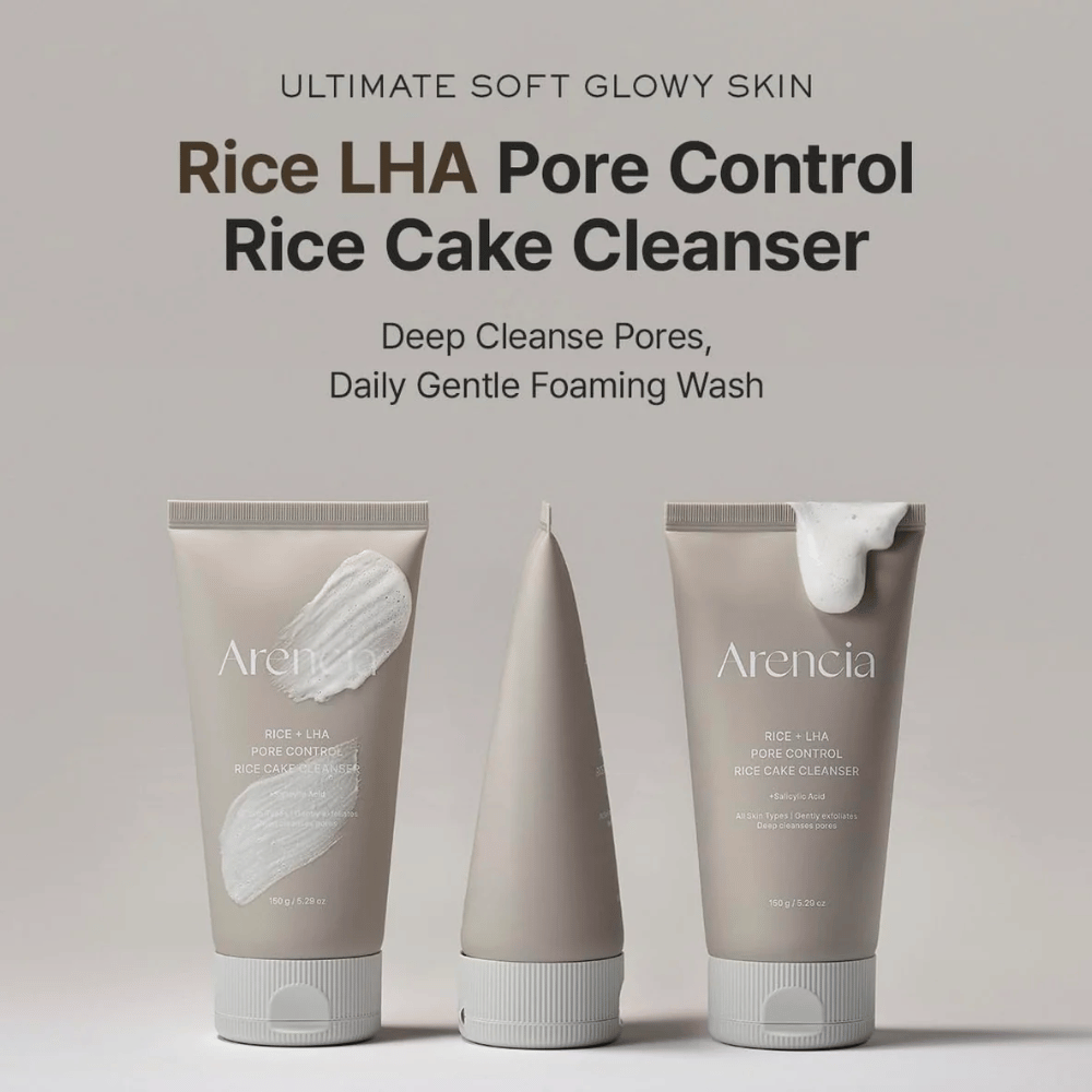 Présentation du produit de Arencia Rice + LHA Pore Control Rice Cake Cleanser sous plusieurs angles, nettoyant moussant quotidien pour des pores plus clairs et une texture de peau plus uniforme.
