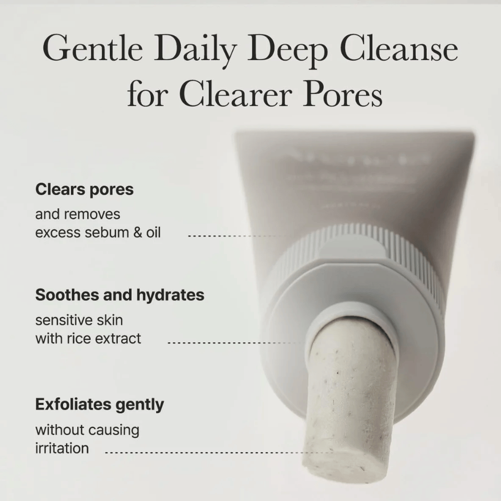Image informative montrant comment Arencia Rice + LHA Pore Control Rice Cake Cleanser nettoie les pores, hydrate les peaux sensibles et exfolie doucement sans irritation.