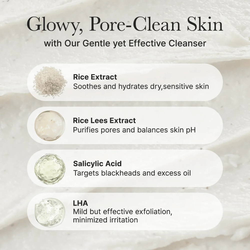 Aperçu des ingrédients pour Arencia Rice + LHA Pore Control Rice Cake Cleanser avec extrait de riz, extrait de lies de riz, acide salicylique et LHA pour un effet apaisant, nettoyant les pores et équilibrant.