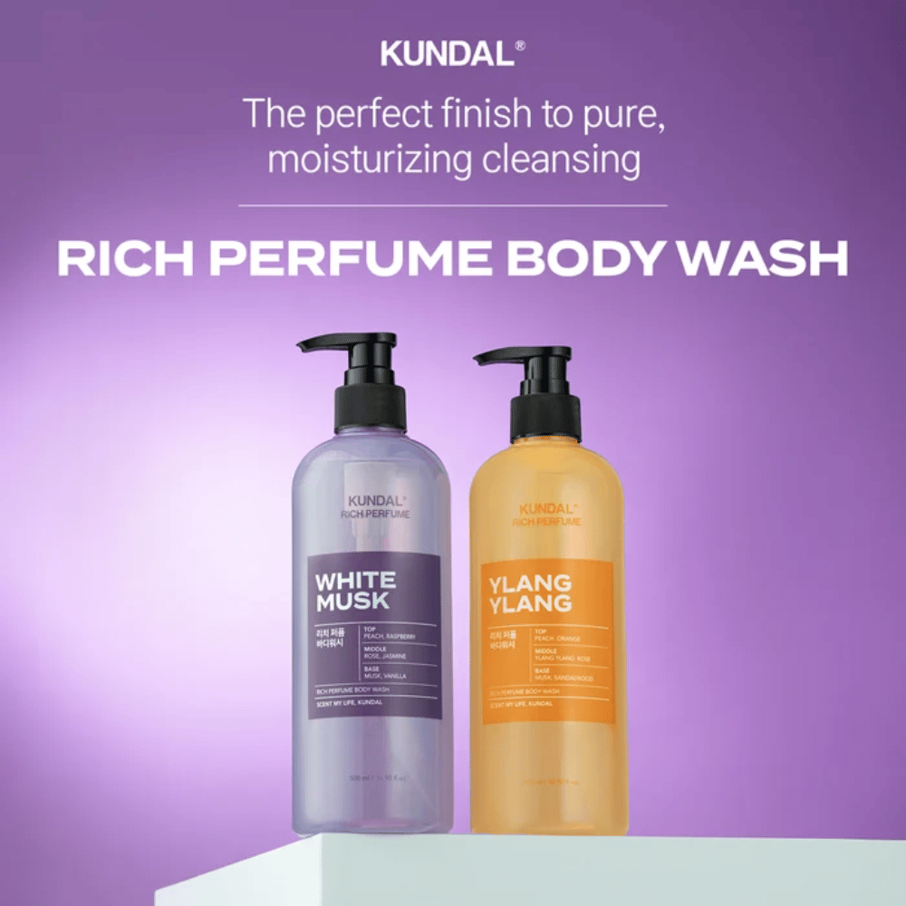 5. KUNDAL Rich Perfume Body Wash White Musk & Ylang Ylang – nettoyant corporel parfumé et hydratant