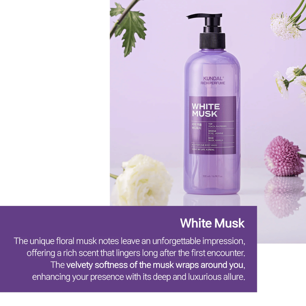 1. KUNDAL Rich Perfume Body Wash White Musk & Ylang Ylang 500 ml – gel douche parfumé en deux variantes de parfum
