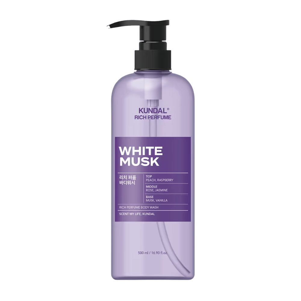 7. KUNDAL Rich Perfume Body Wash White Musk 500 ml – gel douche violet au parfum de pêche, framboise, rose, jasmin, musc et vanille