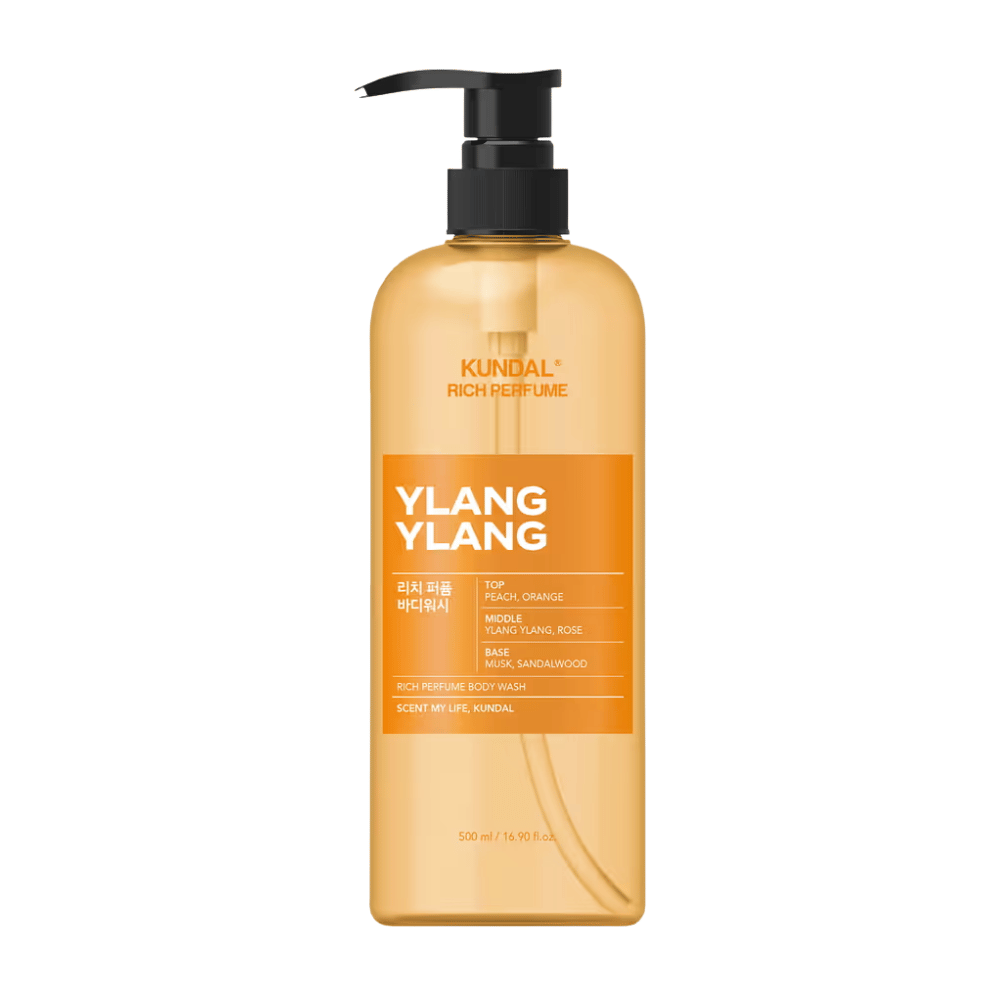 6. KUNDAL Rich Perfume Body Wash Ylang Ylang 500 ml – gel douche orange avec flacon-pompe