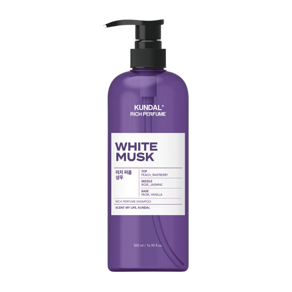 2. KUNDAL Rich Perfume Shampoo White Musk 500 ml – shampoing au parfum de pêche, framboise, rose, jasmin, musc et vanille