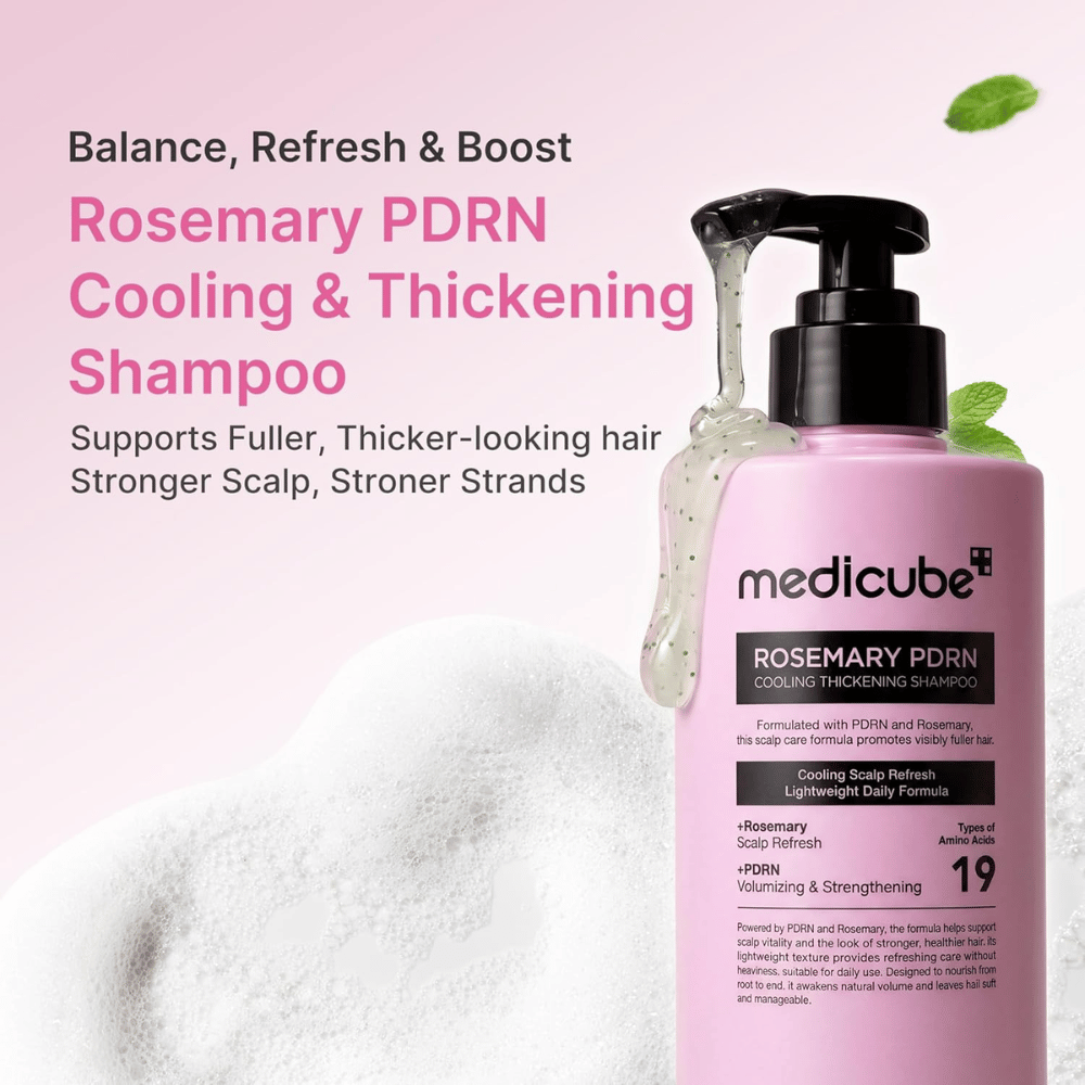 Medicube Rosemary PDRN Cooling Thickening Shampoo qui rafraîchit le cuir chevelu et rend les cheveux plus épais et plus forts