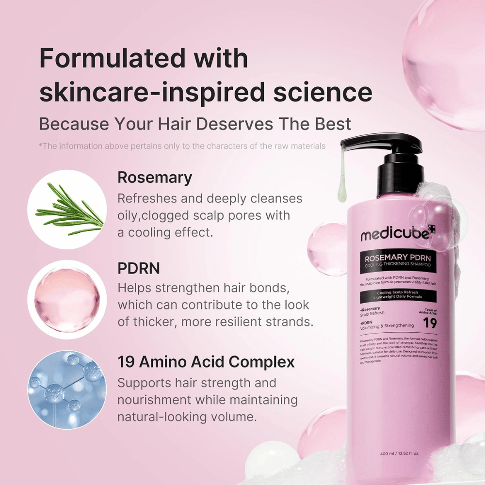 Medicube Rosemary PDRN Cooling Thickening Shampoo avec du romarin, PDRN et 19 acides aminés pour des cheveux plus volumineux