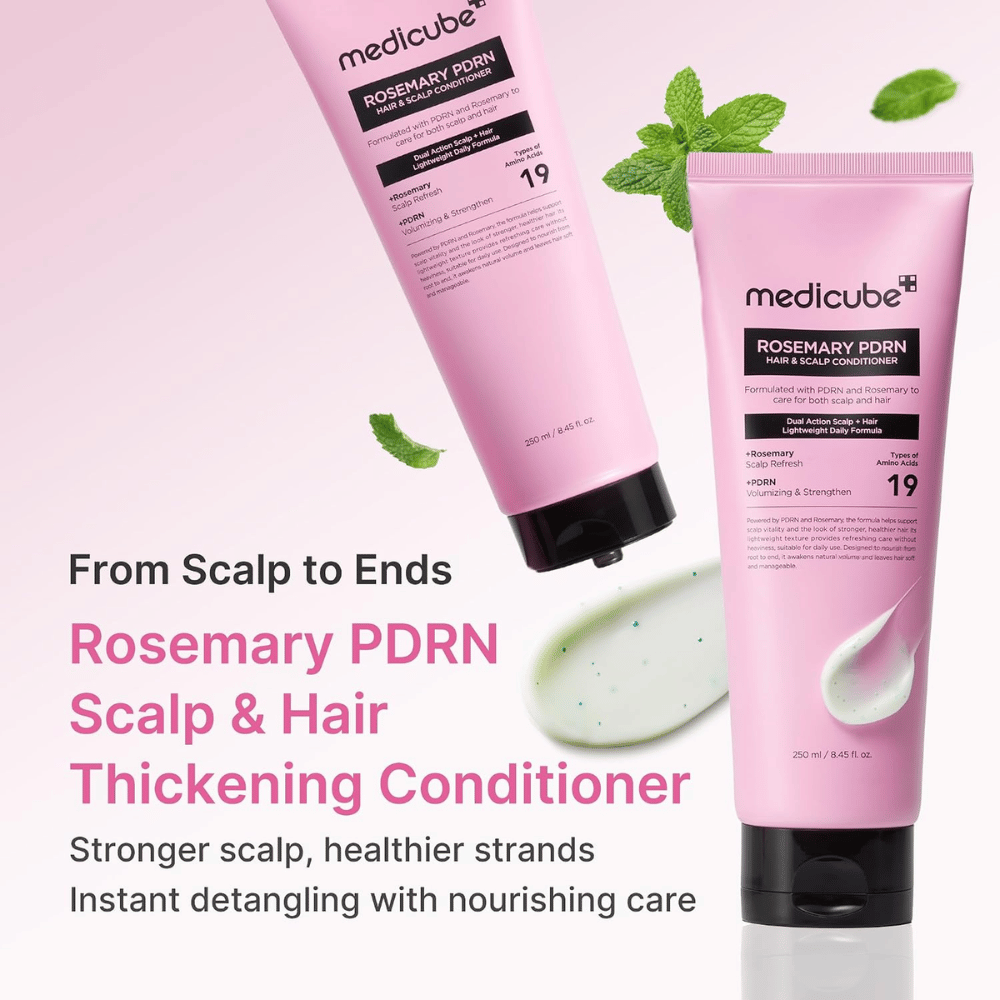 Medicube Rosemary PDRN Hair & Scalp Conditioner 250 ml avec du romarin, PDRN et des acides aminés pour des cheveux plus forts et plus sains