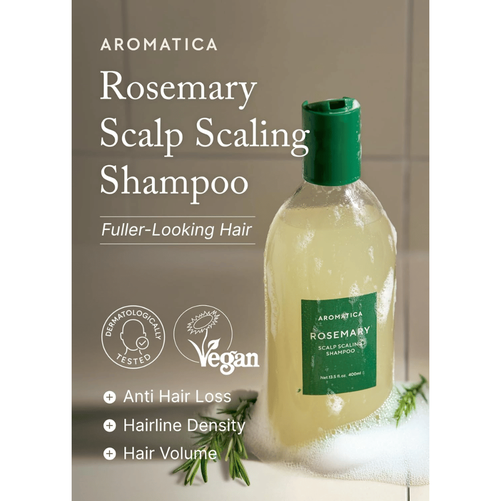 AROMATICA Rosemary Scalp Scaling Shampoo pour le nettoyage et l’exfoliation du cuir chevelu, contribuant à réduire la chute des cheveux, à augmenter leur volume et à maintenir un cuir chevelu sain.