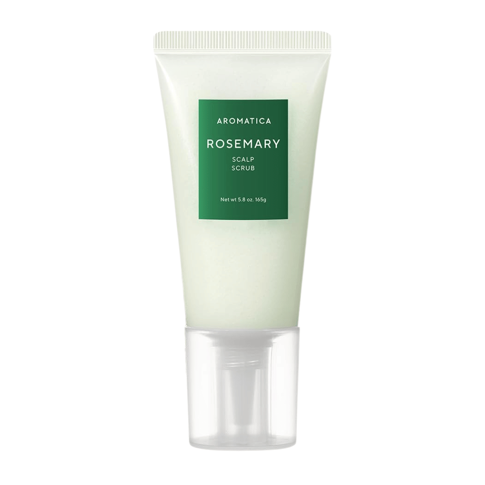 4. AROMATICA Rosemary Scalp Scrub 165 g – gommage exfoliant du cuir chevelu au romarin dans un tube vert clair sur fond blanc