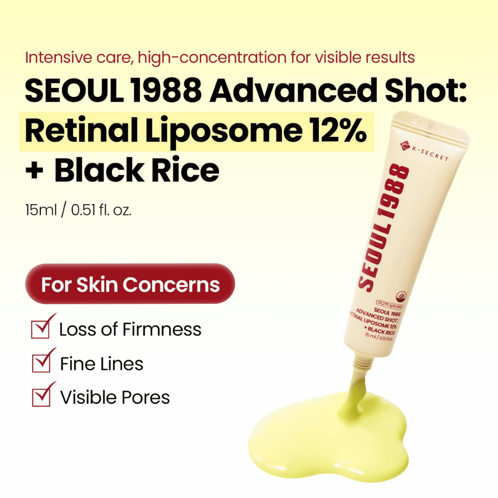 K-SECRET SEOUL 1988 Advanced Shot Retinal Liposome 12% + Black Rice 15 ml – soin intensif au rétinal pour les ridules, les pores visibles et le manque de fermeté.