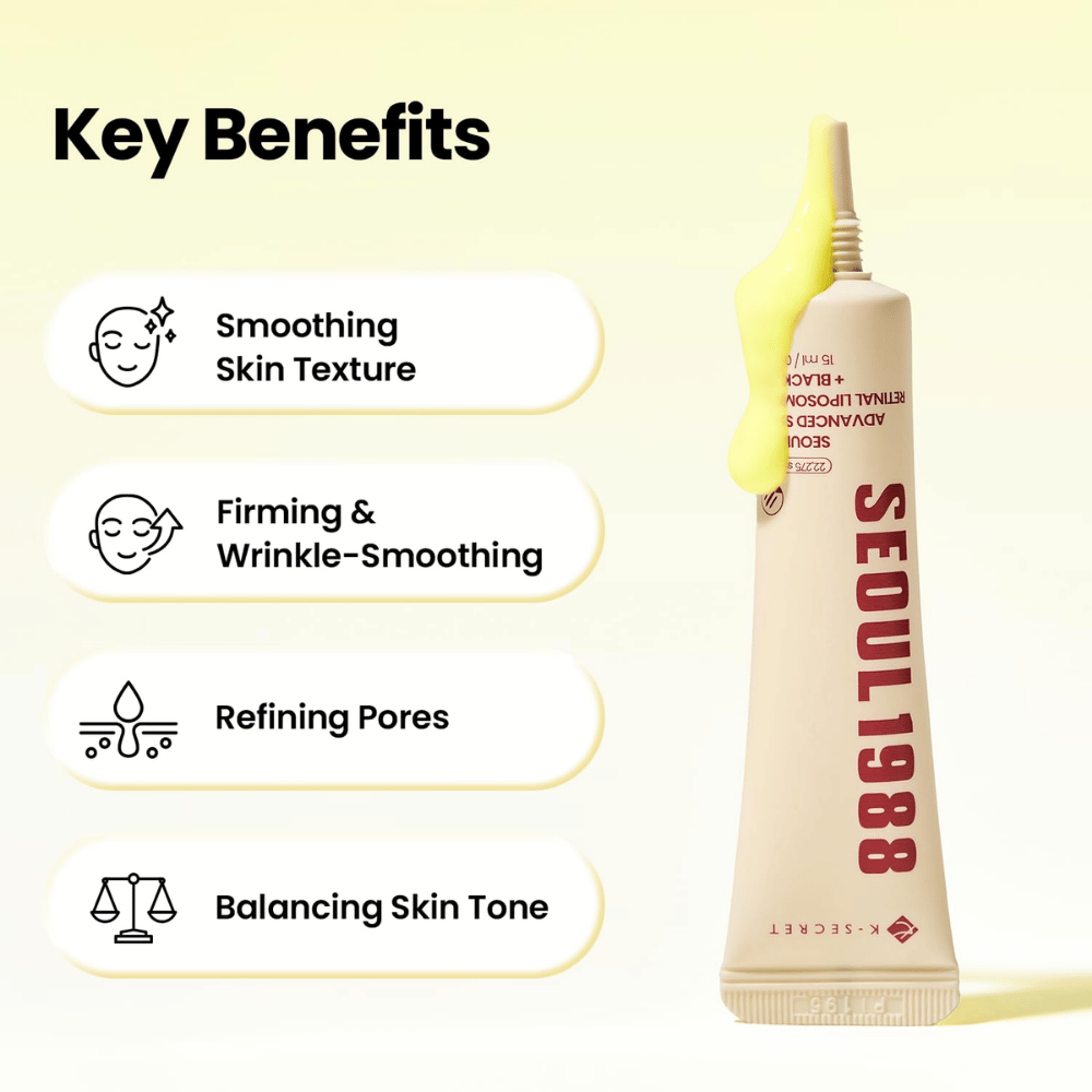K-SECRET SEOUL 1988 Advanced Shot – soin au rétinal pour une texture de peau plus uniforme, une sensation de fermeté, un teint équilibré et des pores moins visibles.