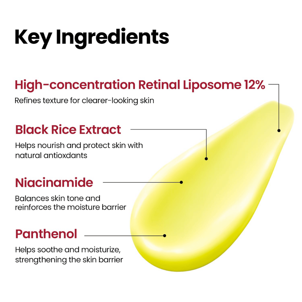 K-SECRET SEOUL 1988 Advanced Shot – formule concentrée avec Retinal Liposome 12%, riz noir, niacinamide et panthénol.