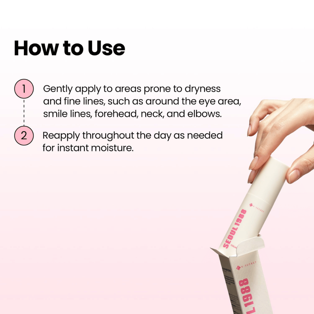 K-SECRET SEOUL 1988 Multi Balm Collagen Complex 7 + Plum – application d’un baume hydratant sur les zones sèches et les ridules.