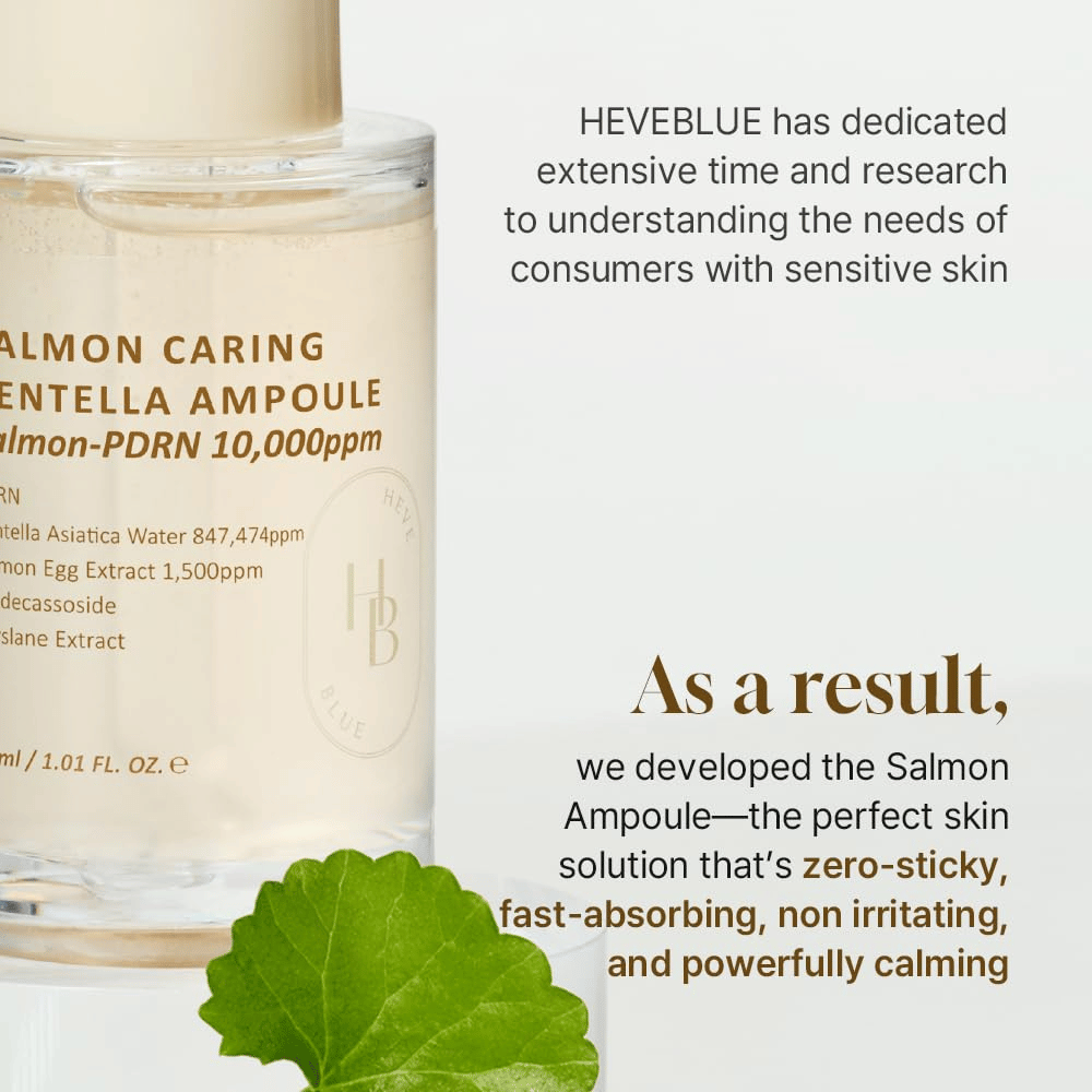 Heveblue Salmon Caring Centella Ampoule – sérum PDRN à absorption rapide avec centella pour peau sensible, apaise les irritations et restaure la barrière cutanée