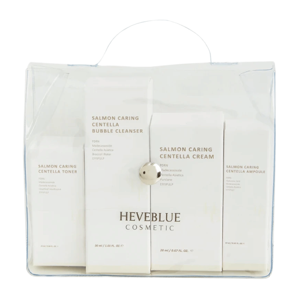 Heveblue Salmon Caring Centella Special Travel Kit ensemble de soins de la peau – routine de soins de la peau coréenne avec toner visage, nettoyant moussant, crème et ampoule avec Centella Asiatica et PDRN.