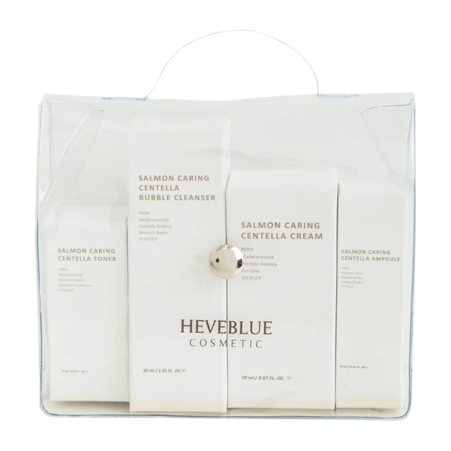Heveblue Salmon Caring Centella Special Travel Kit ensemble de soins de la peau – routine de soins de la peau coréenne avec toner visage, nettoyant moussant, crème et ampoule avec Centella Asiatica et PDRN.
