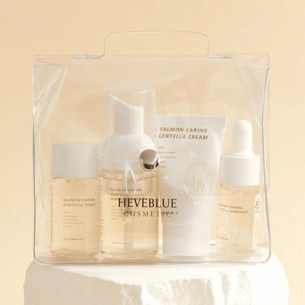 Heveblue Salmon Caring Centella Special Travel Kit – ensemble de soins de la peau coréen avec toner visage, nettoyant moussant, crème et ampoule avec Centella Asiatica et PDRN de saumon en emballage pratique pour voyage.