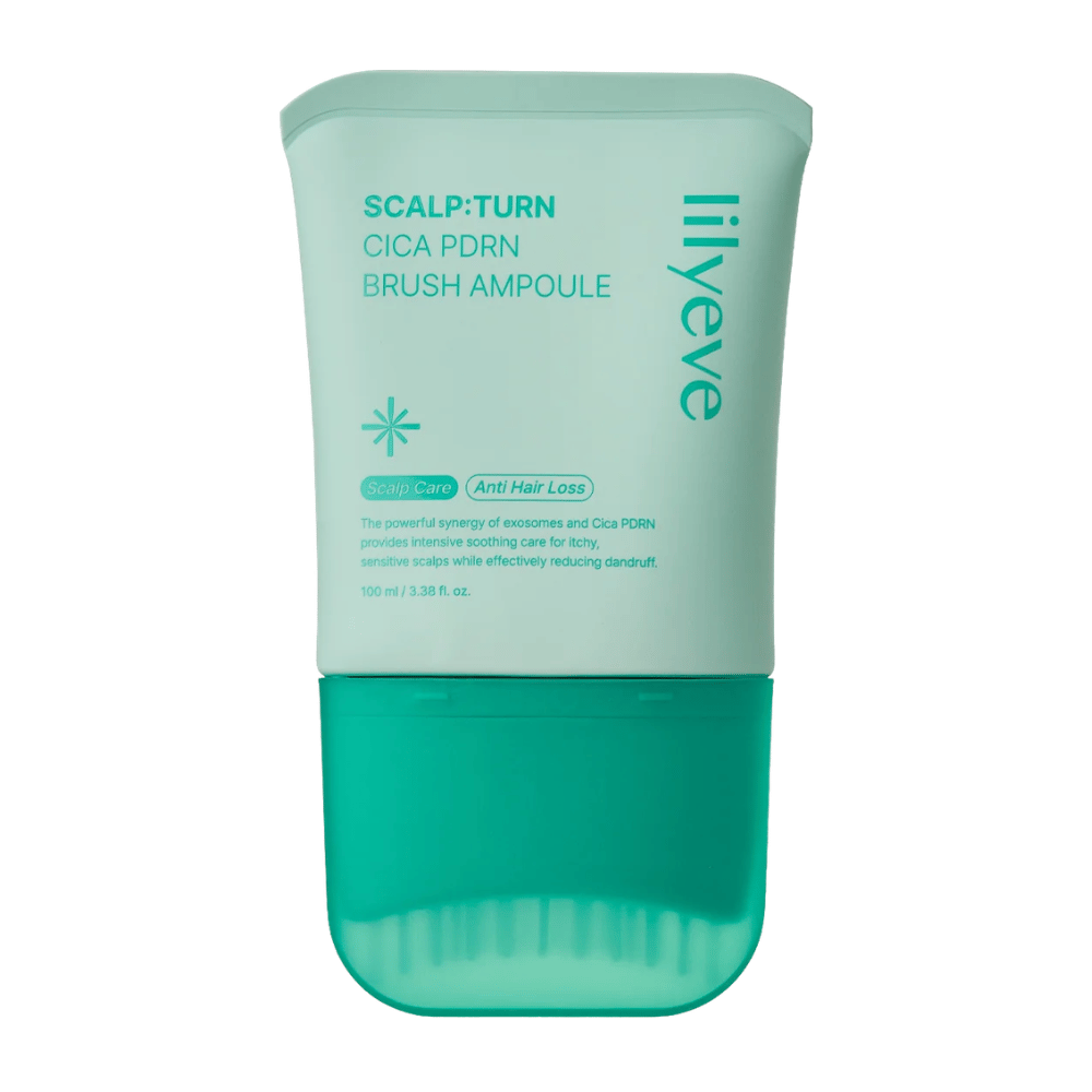 Image produit détourée de LILYEVE Scalp:Turn Cica PDRN Brush Ampoule sur fond blanc. Le design montre l’emballage turquoise avec un applicateur-brosse intégré pour une application facile directement sur le cuir chevelu.