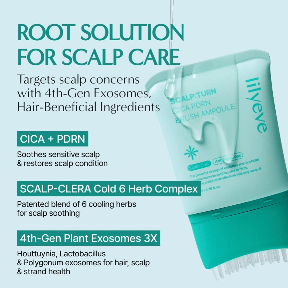 Image produit de LILYEVE Scalp:Turn Cica PDRN Brush Ampoule avec description des ingrédients clés. L’image met en avant le CICA, PDRN, un complexe d’herbes rafraîchissant et des exosomes d’origine végétale qui aident à apaiser et à soigner le cuir chevelu sensible.