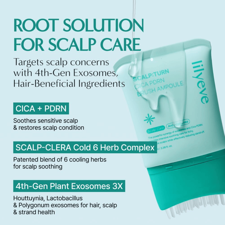 Image produit de LILYEVE Scalp:Turn Cica PDRN Brush Ampoule avec description des ingrédients clés. L’image met en avant le CICA, PDRN, un complexe d’herbes rafraîchissant et des exosomes d’origine végétale qui aident à apaiser et à soigner le cuir chevelu sensible.