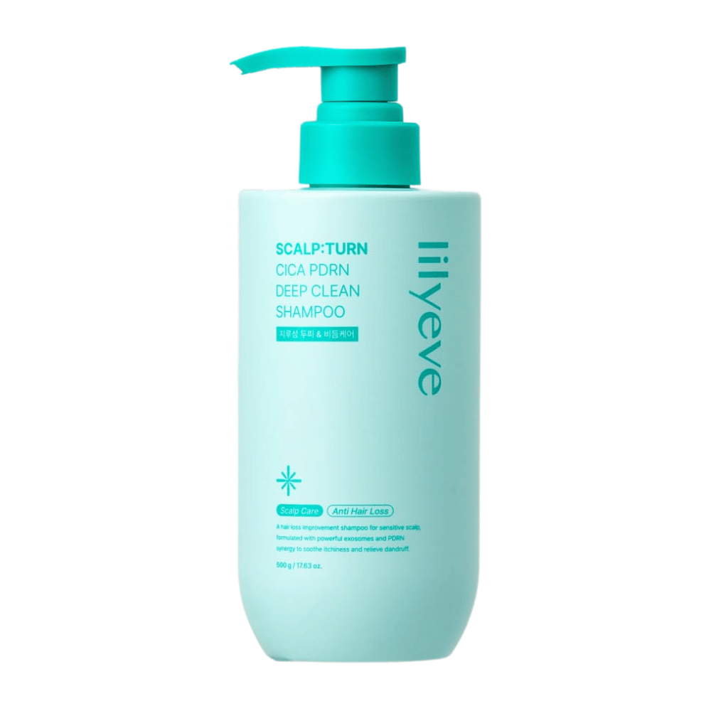 LILYEVE Scalp:Turn Cica PDRN Deep Clean Shampoo – shampoing nettoyant en profondeur avec Cica, PDRN et exosomes qui soignent le cuir chevelu et contribuent à des cheveux plus sains.